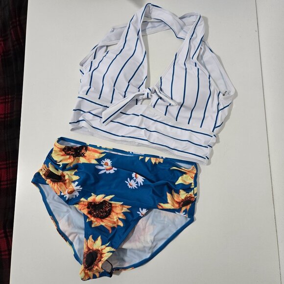Shein Striped and Sunflower Print Bikini Set - Size Large - Picture 2 of 11